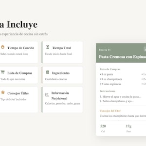 May include: A recipe layout with the title "Cada Receta Incluye" in a bold, dark font. The layout includes sections for preparation time, cooking time, total time, ingredients, and nutritional information. A recipe for creamy spinach pasta is also displayed.