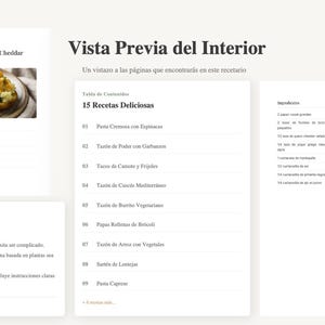 May include: A preview of a vegetarian cookbook with the title "Papas Rellenas de Br&oacute;coli y Queso Cheddar." The image shows a recipe with ingredients and instructions, along with a table of contents listing 15 delicious recipes.