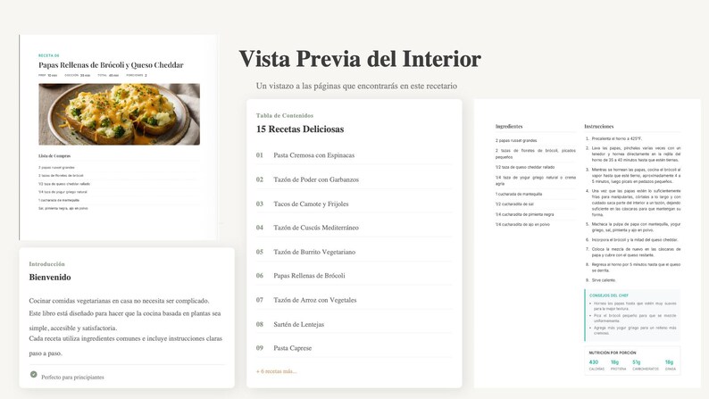 May include: A preview of a vegetarian cookbook with the title "Papas Rellenas de Br&oacute;coli y Queso Cheddar." The image shows a recipe with ingredients and instructions, along with a table of contents listing 15 delicious recipes.