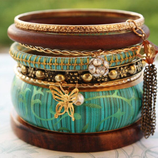 Gypsy Bohemian Turquoise Bangle Bracelet Stack - Pack of 8