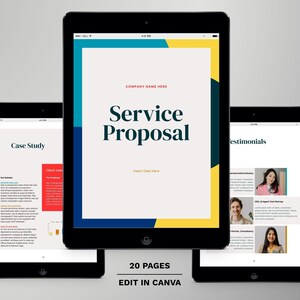 May include: Three tablets displaying digital document templates. The central tablet shows a Service Proposal cover page with yellow and blue geometric borders. The side tablets display Case Study and Testimonials pages with text and photos.