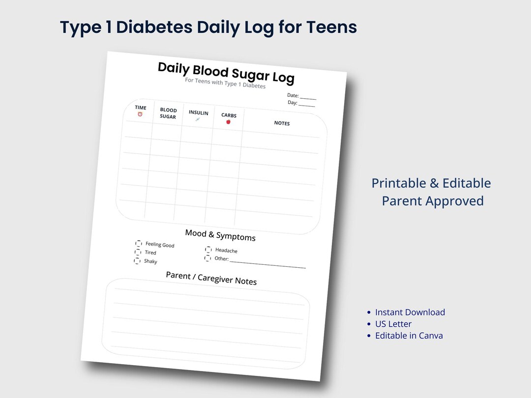 Type 1 Diabetes Daily Log for Teens | Printable & Editable Canva ...
