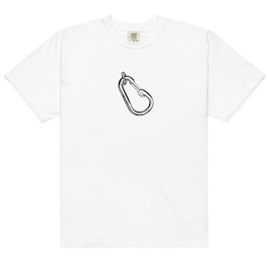 May include: White t-shirt featuring a black and white carabiner graphic. The graphic is a detailed illustration of a metal carabiner, commonly used for climbing and outdoor activities. The shirt is made of a soft, comfortable material.