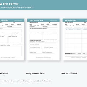 Może przedstawiać: Podgląd trzech białych formularzy oznaczonych jako "Session Snapshot", "Daily Session Note" i "ABC Data Sheet". Formularze mają niebieskie nagł&oacute;wki i są przykładowymi stronami. Tekst "Preview the Forms" znajduje się na g&oacute;rze.