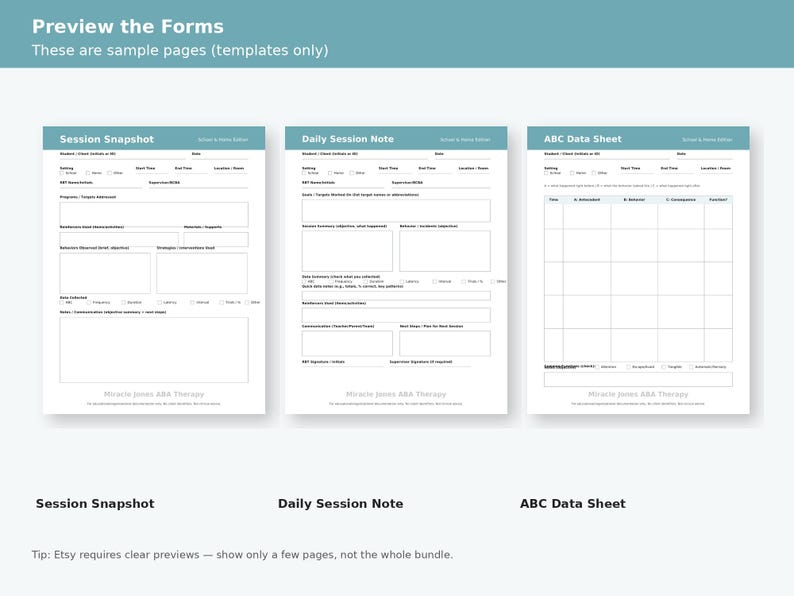 Może przedstawiać: Podgląd trzech białych formularzy oznaczonych jako "Session Snapshot", "Daily Session Note" i "ABC Data Sheet". Formularze mają niebieskie nagł&oacute;wki i są przykładowymi stronami. Tekst "Preview the Forms" znajduje się na g&oacute;rze.