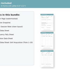 Może przedstawiać: Zestaw formularzy do gromadzenia danych, w tym strona tytułowa, migawka sesji, codzienna notatka z sesji, arkusz danych ABC, arkusz zliczania częstotliwości, arkusz danych dotyczących czasu trwania i arkusz danych ABA. Formularze mają format US Letter, 21,6 x 27,9 cm.