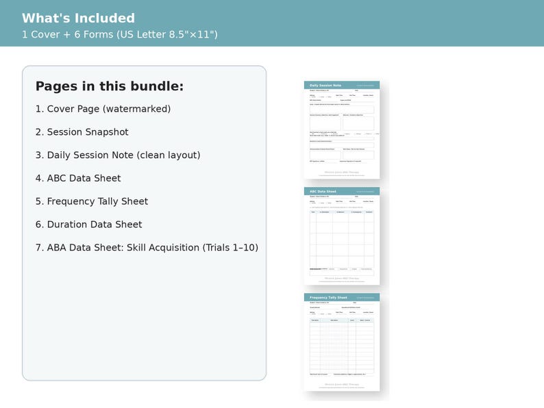 Może przedstawiać: Zestaw formularzy do gromadzenia danych, w tym strona tytułowa, migawka sesji, codzienna notatka z sesji, arkusz danych ABC, arkusz zliczania częstotliwości, arkusz danych dotyczących czasu trwania i arkusz danych ABA. Formularze mają format US Letter, 21,6 x 27,9 cm.