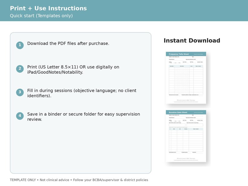 Może przedstawiać: Drukowane instrukcje z turkusowym nagł&oacute;wkiem i białym tłem. Instrukcje szczeg&oacute;łowo opisują, jak pobierać, drukować i używać pliki PDF. Po prawej stronie pokazano dwa przykładowe formularze. Tekst brzmi "Natychmiastowe pobieranie".
