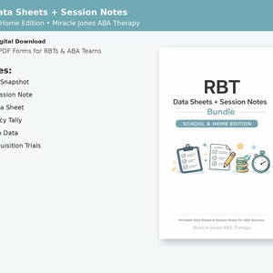 Puede incluir: Un paquete de descarga digital de hojas de datos RBT y notas de sesión. La portada presenta el título "RBT Data Sheets + Session Notes Bundle" con ilustraciones de una portapapeles, un bloc de notas, un lápiz, monedas y un cronómetro. Incluye Session Snapshot, Daily Session Note y más.