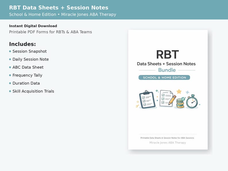Może przedstawiać: Cyfrowy pakiet do pobrania arkuszy danych RBT i notatek z sesji. Okładka zawiera tytuł "RBT Data Sheets + Session Notes Bundle" z ilustracjami schowka, notatnika, oł&oacute;wka, monet i stopera. Zawiera Session Snapshot, Daily Session Note i więcej.
