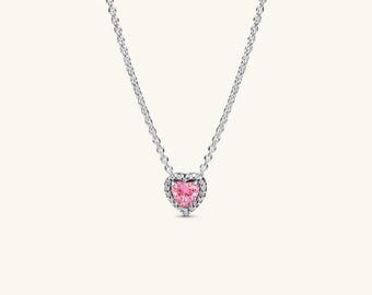 Pandora Pink Elevated Heart Necklace • Sterling Silver • Gift Edition (Box, Bag, Card, Cloth)
