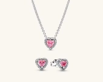 Pandora roze oorbellen en ketting met hoog hart, sieradenset • Sterlingzilver • Cadeaueditie (doos, tas, kaart, doek)