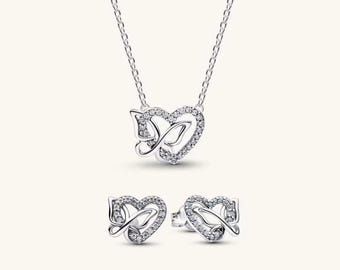 Pandora Entwined Heart & Butterfly Jewellery Set • Sterling Silver • Gift Edition (Box, Bag, Card, Cloth)