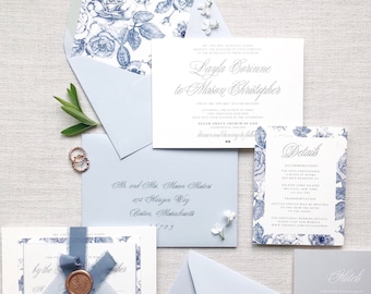 The Layla Wedding Invitation Suite, Blue and White Floral Wedding Invitation Suite, Chinoiserie Inspired Invitation, Silk Ribbon - SAMPLE