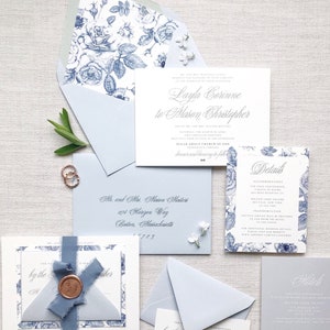 The Layla Wedding Invitation Suite, Blue and White Floral Wedding Invitation Suite, Chinoiserie Inspired Invitation, Silk Ribbon - SAMPLE
