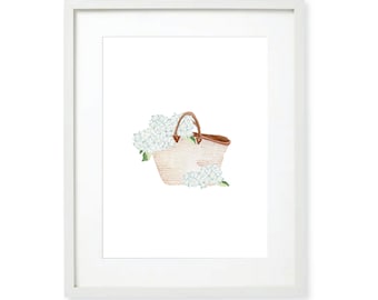 Hydrangea Filled French Market Tote Watercolor Art Print, Blue Hydrangea Watercolor Art Print, Floral Art, Watercolor Florals