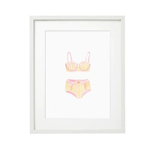 Vintage Swimsuit Art Print - pink and yellow bikini, Watercolor Art Print, Home Decor, Bathroom Art Print, Summer Art
