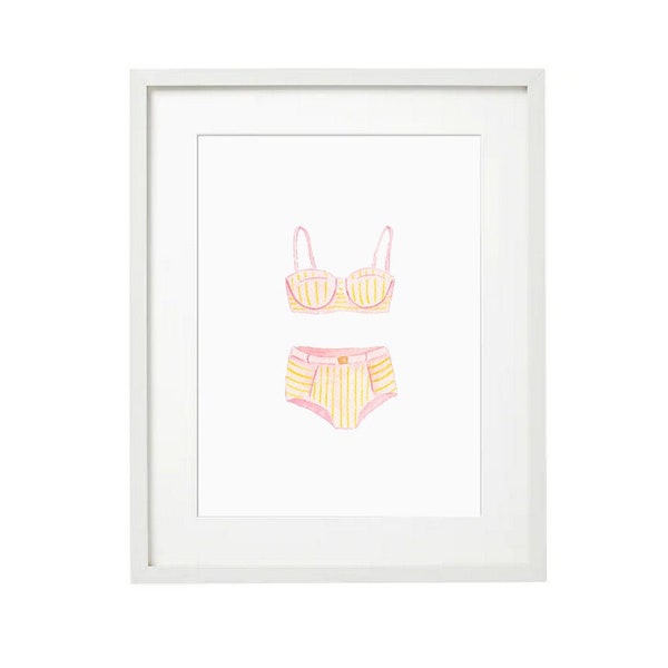 Vintage Swimsuit Art Print - pink and yellow bikini, Watercolor Art Print, Home Decor, Bathroom Art Print, Summer Art