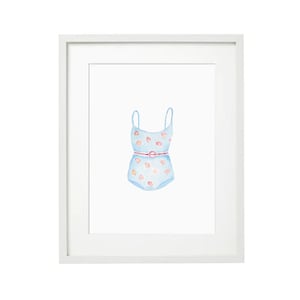 Vintage Swimsuit Art Print - blue and pink floral one piece, Watercolor Art Print, Home Decor, Bathroom Art Print, Summer Art