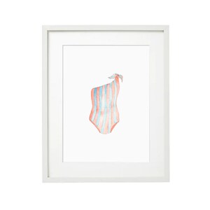 Vintage Swimsuit Art Print - pink and mint one shoulder swimsuit, Watercolor Art Print, Home Decor, Bathroom Art Print, Summer Art
