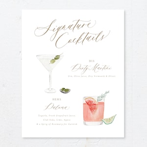 Personalized Watercolor Signature Drinks Sign, Signature Cocktail Watercolor Art Print, Watercolor Cocktail, Wedding Cocktail, Wedding Drink