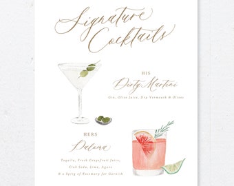 Könnte beinhalten: Eine Aquarell-Illustration von zwei Signature-Cocktails, einem Dirty Martini und einem Paloma. Der Dirty Martini ist ein klassischer Cocktail mit Gin, Olivensaft, trockenem Wermut und Oliven. Der Paloma ist ein erfrischender Cocktail mit Tequila, frischem Grapefruitsaft, Club Soda, Limette, Agave und einem Zweig Rosmarin als Garnitur.