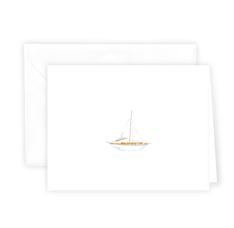 May include: White stationery set featuring a watercolor illustration of a sailboat. The sailboat has a beige hull and white sails. The set includes a card and an envelope, perfect for nautical-themed correspondence.