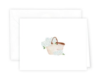 Blue Hydrangea Market Tote Watercolor Notecard Set, Watercolor Stationery, Coastal Stationery, New England Style, Stocking Stuffer