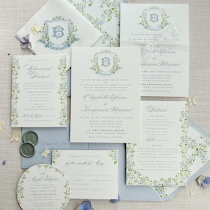 The Abigail Watercolor Wedding Invitation Suite, Blue and White Wedding Invitation Suite, watercolor crest, wildflower wedding crest- SAMPLE