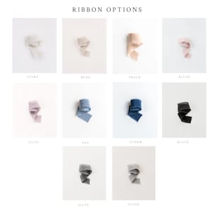 Op de afbeelding: Een collectie lintopties met het label Ribbon Options, met elf individuele spoelen in verschillende kleuren, waaronder ivoor, bot, perzik, blush, lila, zee, storm, zwart, leisteen en steen. Elk lint heeft een textuur met gerafelde randen.