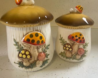 VINTAGE 1983 Sears Merry Mushroom 2pc Smallest Canister Set - Coffee Tea Jars
