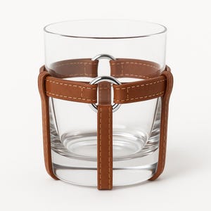 Puede incluir: Un vaso de vidrio transparente con una envoltura de cuero marrón. La envoltura de cuero está cosida y presenta un anillo de metal plateado. El vaso está diseñado para contener bebidas. La estética general es moderna y sofisticada.