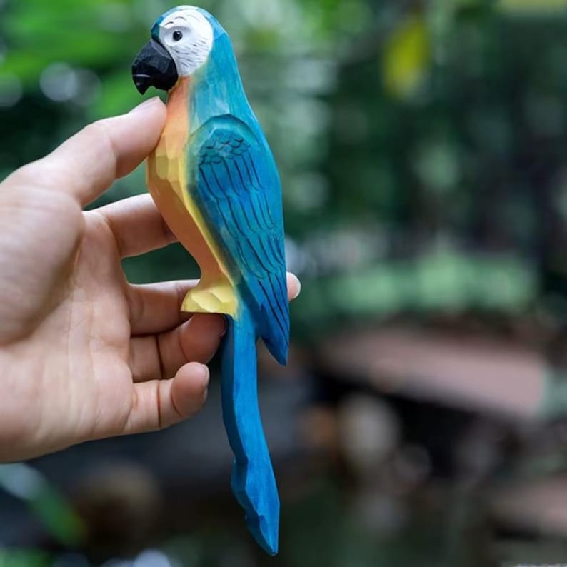 Handcrafted Wooden Macaw Parrot Figure - Hand Carving Parrot Figurine ...