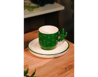 Handmade Ceramic Coffee Cup with Cactus Pattern (3.38 ounces) - 2 Pieces