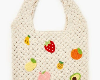 Borsa Tessuta - Design Cesto, Applicazioni Frutta all'Uncinetto, Shopper Bohemien, Uso Quotidiano