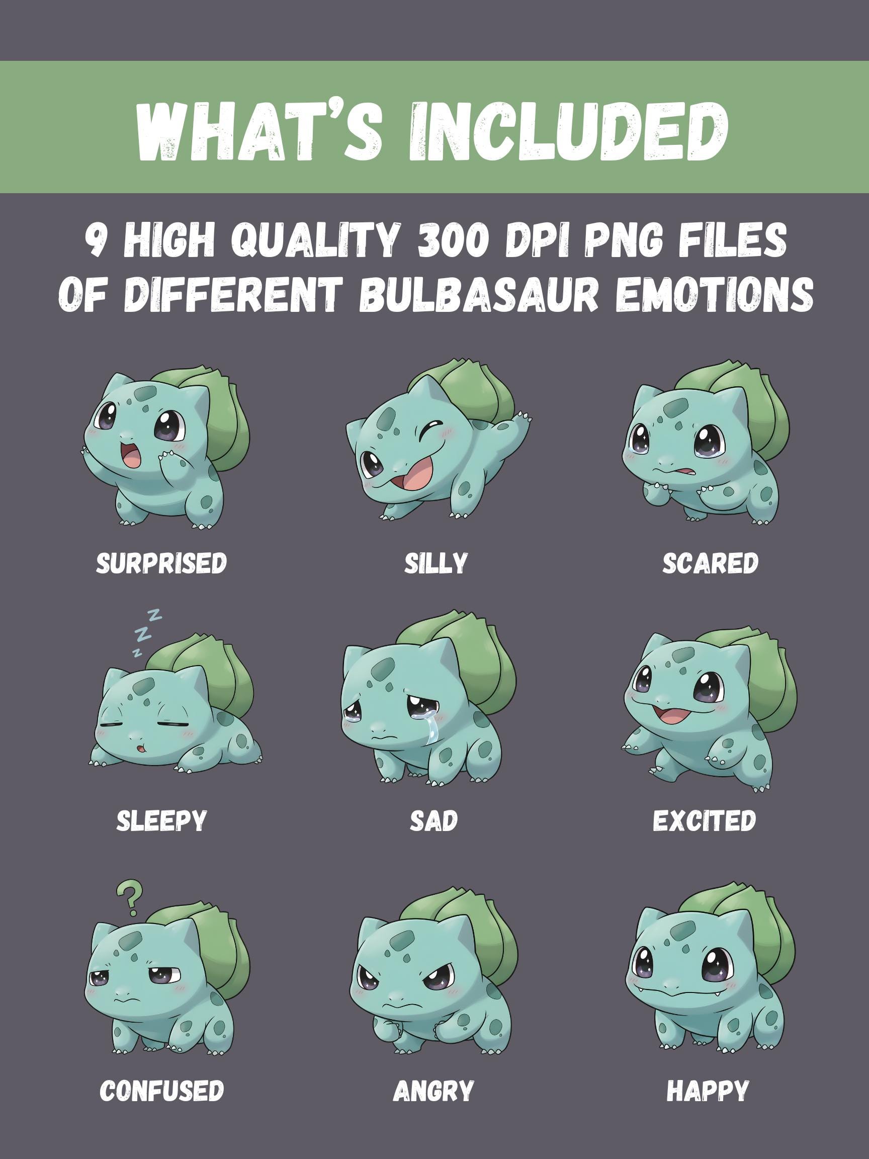 Chibi Bulbasaur Emotions PNG Bundle, 9 Cute Pokemon Reaction Clipart ...