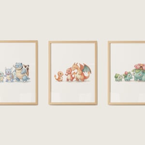 May include: Set of three framed art prints featuring watercolor illustrations of Pokémon characters. Each print showcases a different evolution line: Squirtle, Charmander, and Bulbasaur. The prints are in wooden frames, perfect for a nursery or kids' room.