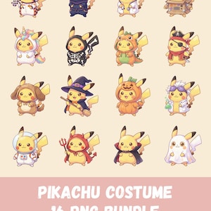May include: A collection of sixteen Pikachu illustrations in various costumes, including a ninja, doctor, and pirate. The text "PIKACHU COSTUME 16 PNG BUNDLE" is displayed in pink and white text at the bottom of the image.
