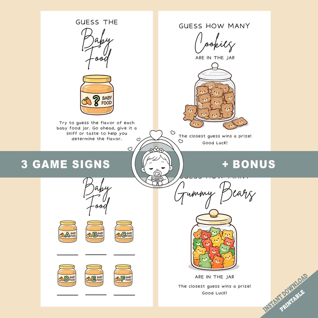 Baby Shower Game Signs Bundle, Guess Cookies, Baby Food, Gummy Bears ...