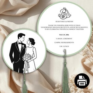 May include: Two circular cards with sage green borders and sage green tassels. One card features a black and white illustration of a couple in formal attire. The other card displays text: DEAR FAMILY & FRIENDS, THANK YOU FOR BEING HERE WITH US TODAY, MAY 29, 2006, 11:00AM | CEREMONY, 12:00PM | REFRESHMENTS, 1:00 | LUNCH.