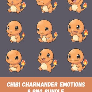 May include: Nine orange Chibi Charmander illustrations with different facial expressions, including happy, sad, and angry. Each Charmander has a flame on its tail. The text "Chibi Charmander Emotions 9 PNG Bundle" is at the bottom.