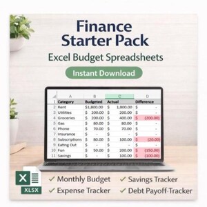 Op de afbeelding: Een laptop toont een Excel-begroting, onderdeel van een "Finance Starter Pack". Het scherm toont kolommen voor categorie, begroot, actueel en verschil. Tekst bevat "Direct downloaden", "Maandbudget" en "Uitgaven-tracker".
