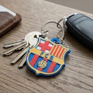 Op de afbeelding: Blauw, rode en gele sleutelhanger met het embleem van FC Barcelona. De sleutelhanger is bevestigd aan een sleutelring met sleutels en een autosleutel. Het embleem bevat een kruis, strepen en een voetbal.