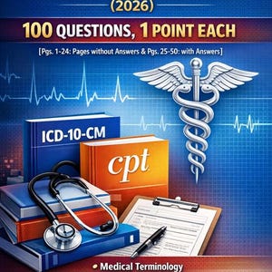以下が含まれることがあります： 「PRE-TEST and POST-TEST MOCK PRACTICE EXAM (2026)」と題された医療試験対策の画像。 「ICD-10-CM」と「cpt」のマークが付いた本、聴診器、クリップボードが表示されています。 画像には、医学用語やICD-10-CMなどのトピックもリストされています。