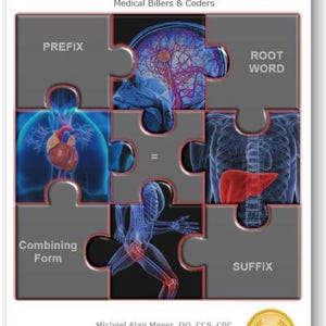 以下が含まれることがあります： 「Medical Coding Preparatory®」というタイトルの本の表紙で、パズルのデザインです。パズルのピースには、脳、心臓、肝臓、骨格系など、医学用語と解剖学的イラストが表示されています。表紙には著者の名前と成功の印も含まれています。