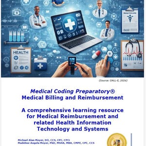 以下が含まれることがあります： 医療専門家、医療シンボルを表示するラップトップ、スマートウォッチのデジタルイラスト。画像には医療チャート、聴診器、テキスト「Medical Coding Preparatory®」が含まれています。背景には世界地図が描かれています。