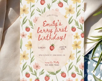 Berry First Birthday Invitation | Strawberry Berry Sweet One Birthday | Custom Girl Evite | Editable Canva Template