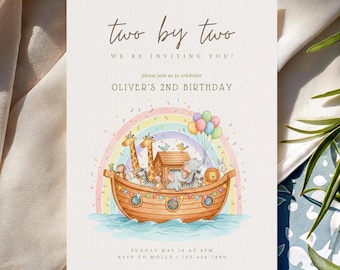 Noah’s Ark Two By Two Birthday Invitation | Any Age | Editable Canva Template | Digital Download | Whimsical Storybook Animal Design