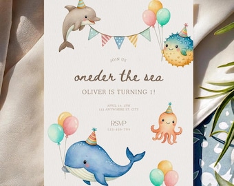 Oneder the Sea Birthday Invite | 1st Birthday Ocean Theme | Digital Download | Editable Canva Template