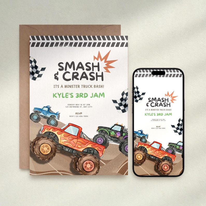 May include: A monster truck birthday party invitation with the text "SMASH & CRASH" and "Kyle's 3rd Jam". The invitation features illustrations of monster trucks, checkered flags, and a brown envelope.